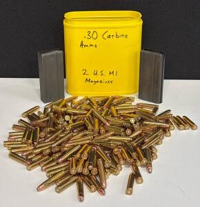 .30 Carbine Ammunition (110 Rounds) with 2 U.S. M1 Carbine 15-Round Magazines, Steel Construction