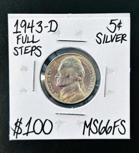 1943-D Jefferson Nickel, Silver, MS66FS Full Steps, Denver Mint, 5&cent; WWII Coin