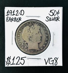 1912-D Barber Half Dollar, 90% Silver, Denver Mint, VG8, Charles E. Barber Design, 1.21" Diameter
