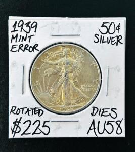 1939 Walking Liberty Half Dollar, Silver, Rotated Die Mint Error, AU58 Estimate