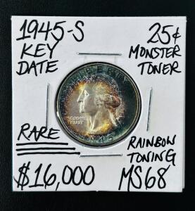 1945-S Washington Quarter, MS68, Key Date, Monster Rainbow Toning, Rare San Francisco Mint