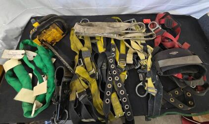 Tool/safety harness lot: Chain SAW orgon 10" bar(Not Locked up), Green safety lift strap, LG yellow lift strap, (5)Saftey Harnesses, (4)Yellow Harness, Red Harness, Roof Anchor harness with Chain. Please see photos and inspect in person.<br/>