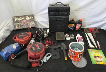 Home/garage lot: Zombie-opoly, pups at play book, screws, glue, Transmisson fluid, 2 cycle engine oil, etc. please see photos for more details and please inspect in person.