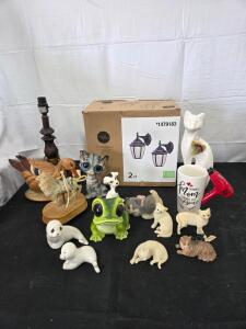 Project source outdoor wall mount lights(2pk), lamp(powers on), Assorted Animal Figurines &ndash; Ceramic & Resin Cats, Frog Planter, Dog, Novelty Mug, 1980s-2000s.