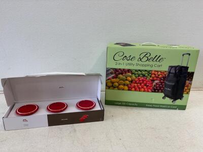 Staub 3-Piece Red Ceramic Mini Cocottes & Cose Belle 50L Rolling Insulated Shopping Cart