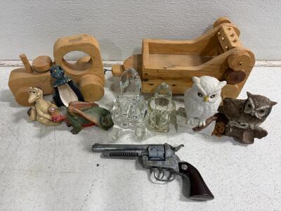 Home decor lot: Wooden truck, toy gun, Glass figurines, ceramic figurines.