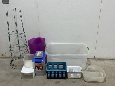 Lot of 9 Plastic Storage Bins, Boxes & Baskets &ndash; 13qt Pet Food Keeper, 16qt Box, Assorted Sizes