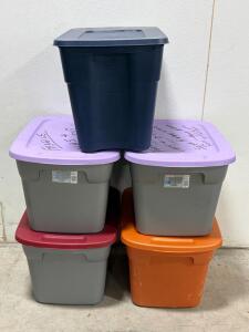 Sterilite 18-Gallon Plastic Storage Totes, Model 1815, Assorted Colors, Lot of 5