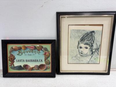 Framed Santa Barbara Souvenir Print (12"x16") & Modern Girl Portrait Art (18"x22") Set