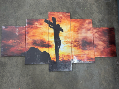 5-Panel Crucifixion Wall Art Canvas Set &ndash; Sunset Silhouette, Glossy Finish, 60"x32" Approx