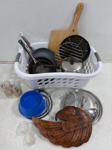 Large Kitchenware Lot: GreenPan 12" Skillet, Kirkland 8.5" Fry Pan, Pots, Lids, Decor, Pet Bowl