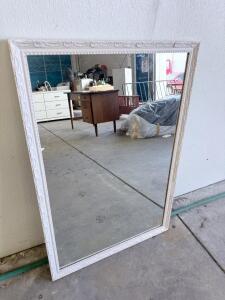 Vintage Rectangular Wall Mirror, Ornate White Wood Frame, 36"x24", Hanging Wire