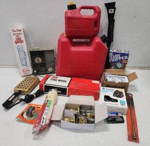 Garage Tool Lot with 2 Blitz Gas Cans, Yaktrax Diamond Grip, Kwikset Hardware, Rain Gauge