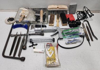 Mixed Hand Garage Tools Lot: Staple Gun, Crowbar, Wire Brushes, Files, Screw Extractors And More