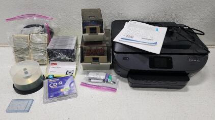 HP ENVY Photo 7855 Printer, Memorex CD-R Spindle, Staples 24 Jewel Cases, Floppy Disk Storage Lot