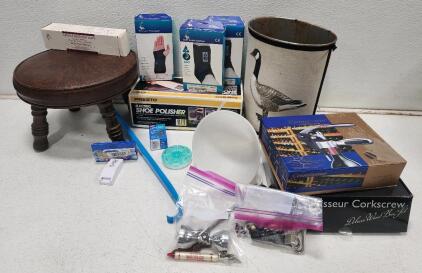 ASO Braces, Presto Electric Shoe Polisher, Connoisseur Corkscrew, Stool & Household Lot