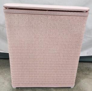 Vintage Pink Mid-Century Rectangular Laundry Hamper, Hinged Lid, Woven Vinyl, 23"x19"x11"