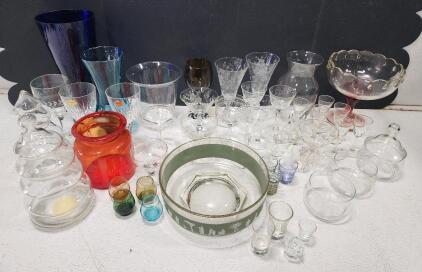 (1) Vintage Jeannette Glass "Hellenic" Pattern Serving Bowl (1) Vintage Indiana Glass Teardrop Compote Bowl (1) Tall Bobalt Blue Glass Vase And Assorted Glassware