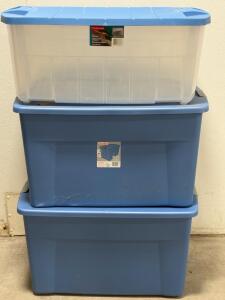 Sterilite 35 Gal & Rubbermaid 28.8 Gal Storage Totes, Lot of 3, Latch/Snap Lids, Stackable, Blue/Clear