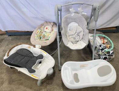 Graco Infant Lounger, Disney Bouncer, Baby Bath, Graco Swing, Activity Play Mat Lot