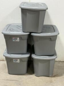 Sterilite 18 Gal Storage Tote 1815 Steel, Gray, Lot of 5, w/Lids, Stackable, 23.5"x18.38"x16.13"