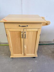 Natural Wood Kitchen Cart with Drawer, Cabinet, Shelves, Towel Bar, 32"x18"x35", Casters