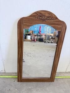 Rectangular Wall Mirror with Oak Frame and Carved Decorative Top, 36"x20"