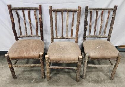 Rustic Twig-Back Wood Side Chairs, Set of 3, Leather Upholstered Seats, 37" Tall