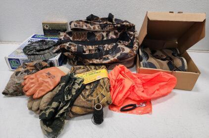 Mixed Lot Hunting Gear: Camo Duffel, Hodgman Wadelite Boots, Gloves, AS Camo Burlap And More