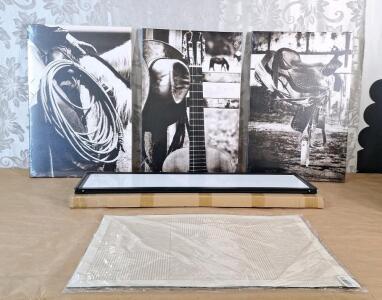 (1) 3-Panel Western Themed Canvas Wall Art Print Set, Each Panel Is 16"W x 24"T, (1) Maven Slim Skinny Whiteboard / Dry Erase Board, 7.9 &ldquo; x 31.5&rdquo; & (1) 17" x 24" Floor Mat