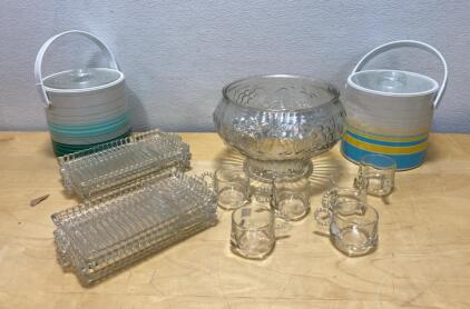 Vintage Glass Punch Bowl Set, 2 Retro Ice Buckets, 6 Cups, 10 Trays &ndash; Beaded Edges, Striped Design