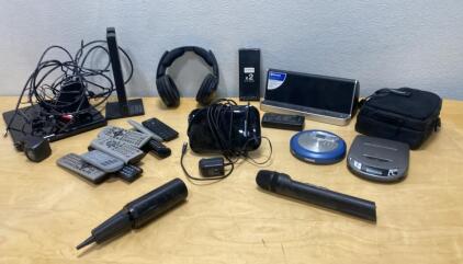 Large Electronics Lot: CD Players, Bluetooth Display, Headphones, Remotes, Microphones, Accessories