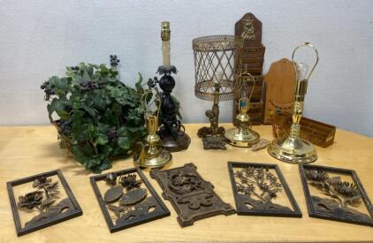 Ornate Vintage Cherub Table Lamp, Cast Metal, Openwork Lattice Shade, 20" Tall, Brass Finish
