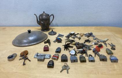 Vintage Padlocks & Key Lot (Master, Brinks, Kale) + Antique Briggs Silver Co. Teapot Silver on Copper