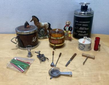 Vintage Barware Set: Jim Beam Appaloosa Horse, Michter&rsquo;s Jug, Whisky Barrel, Thirst Extinguisher