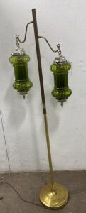 Mid-Century Modern Double Swag Floor Lamp, Green Glass Shades, Brass Base, 66&rdquo; Height, 2 Lights - Works
