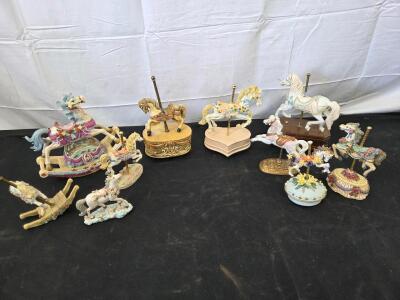 Set of 10 Vintage Decorative Carousel Horse Figurines, Pastel Floral Resin, Some are Damaged. Please see photos and inspect in person.