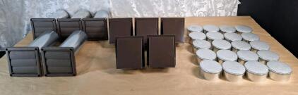 (5) FAMCO 4" Plastic Louvered Vents W/ Tube, Brown, (5) FAMCO 4" Hooded Wall Vents W/ Short Tube, Screen, Damper, Spring & Gasket Brown, Power Coated & (20) FAMCO- 4" Flue/Pipe Caps, Galvanized