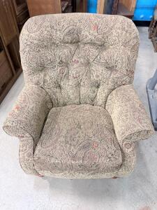 Tufted Paisley Upholstered Armchair, Rolled Arms, Removable Cushion, Beige/Red Fabric, 35"x36"x40"
