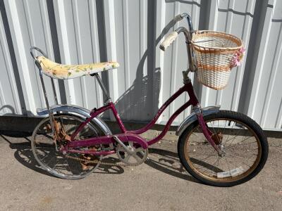 Vintage Schwinn Banana Seat Kids Bike, Purple, 20&rdquo; Wheels, Basket, Chicago Steel Frame, 1970s. Missing back tire(has rim). Please inspect in person.