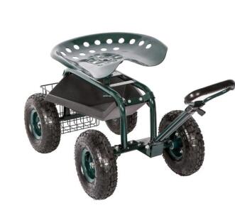Rolling Garden Cart Seat Green, 300 lb Capacity, 10" Pneumatic Wheels, Storage Tray, Serial X004MIZ153