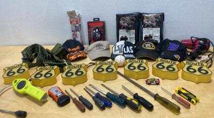Mixed Tools, Route 66 Signs, Branded Hats, Best Kick Mats, Preval Spray Gun, Gaming Mouse Lot