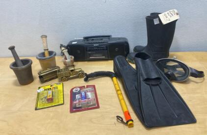 Vintage Sea Diver Fins Set (Size 42-44), Rubber Boots (US 7), Sony Boombox, Collectible Lot
