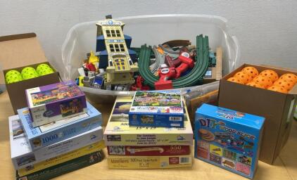 Bulk Lot: 24 Pickleball Balls, Fisher-Price Train Set Parts, 8 Boxed Jigsaw Puzzles, DIY Craft Kit