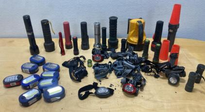 Assorted Flashlights, Headlamps, and LED Work Lights Lot, 25+ Pieces, Traffic Cones, Quantum Included