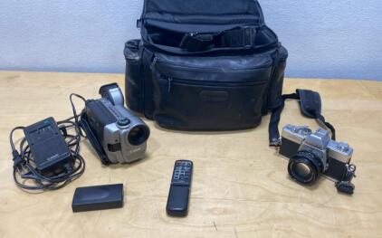 Minolta SR-T 100 35mm Film SLR with 50mm Lens & Canon Hi8 Camcorder Bundle, Bag, Accessories