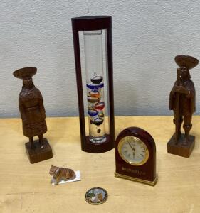 Desk Decor Lot &ndash; Placer County Challenge Coin, Galileo Thermometer, Springfield Desk Clock, Figurines