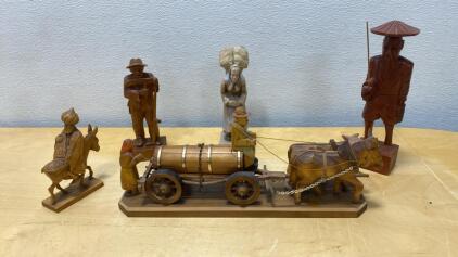 Hand-Carved Wooden Folk Art Figurines and Wagon Set, 6 Pieces, Mixed Styles, Painted Accents
