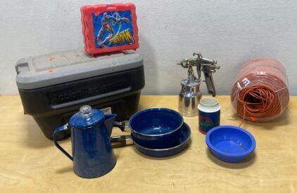 Rubbermaid ActionPacker Mini, Enamel Camp Cookware, Extension Cord, Paint Gun, Spider-Man Lunchbox