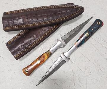 (2) Fixed Blade Damascus Steel Double Sided Dagger With Resin Handle And Sheath